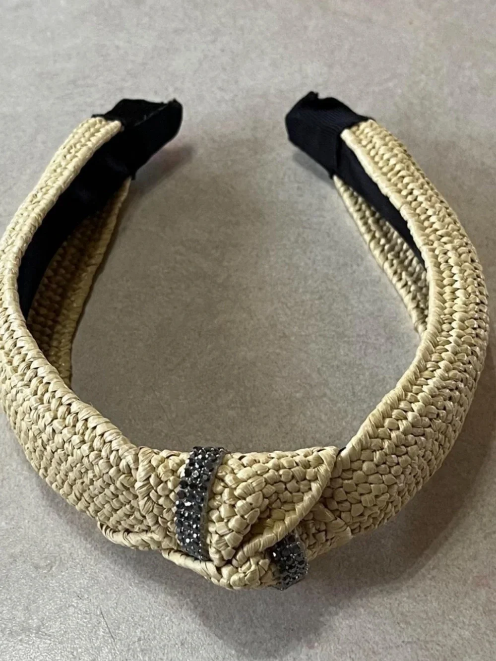 Cream and Black Rattan Braided Woven Headband with Hematite Rhinestones NWOT